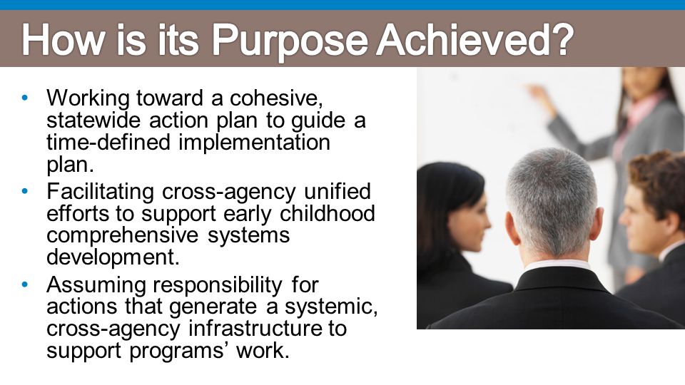 Working toward a cohesive, statewide action plan to guide a time-defined implementation plan.