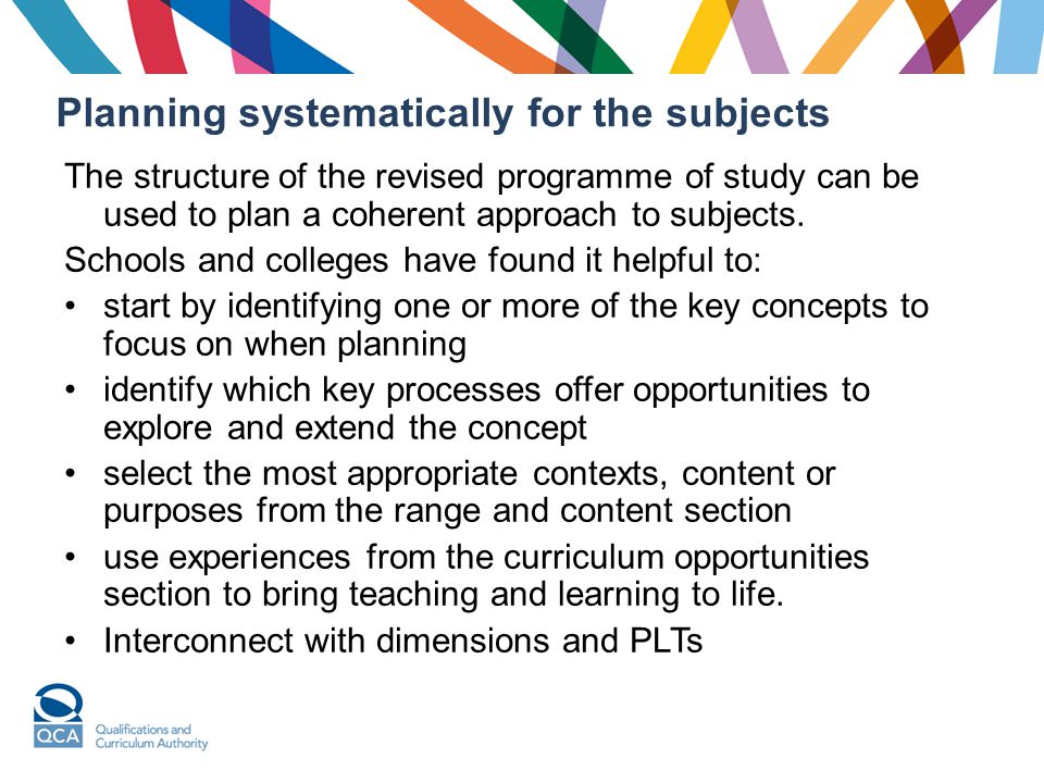 Planning systematically for the subjects The structure of the revised programme of study can be used to plan a coherent approach to subjects.