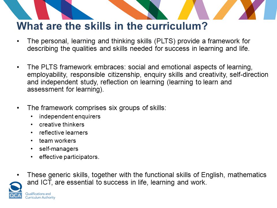 What are the skills in the curriculum.