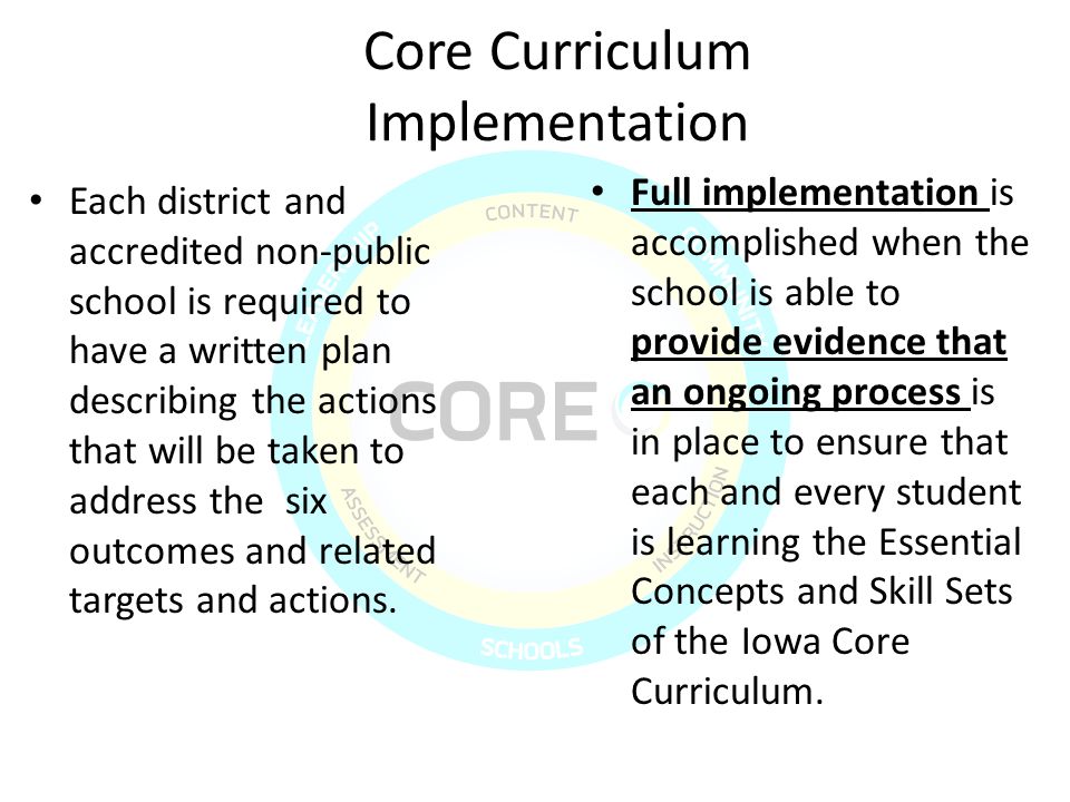 3 Core Curriculum Implementation Each district and accredited non-public school is required to have a written plan describing the actions that will be taken to address the six outcomes and related targets and actions.