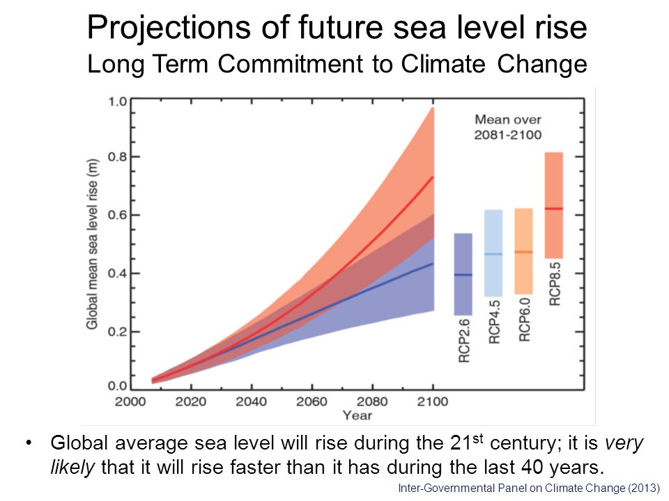Projections of future sea level rise Long Term Commitment to Climate Change Global average sea level will rise during the 21 st century; it is very likely that it will rise faster than it has during the last 40 years.