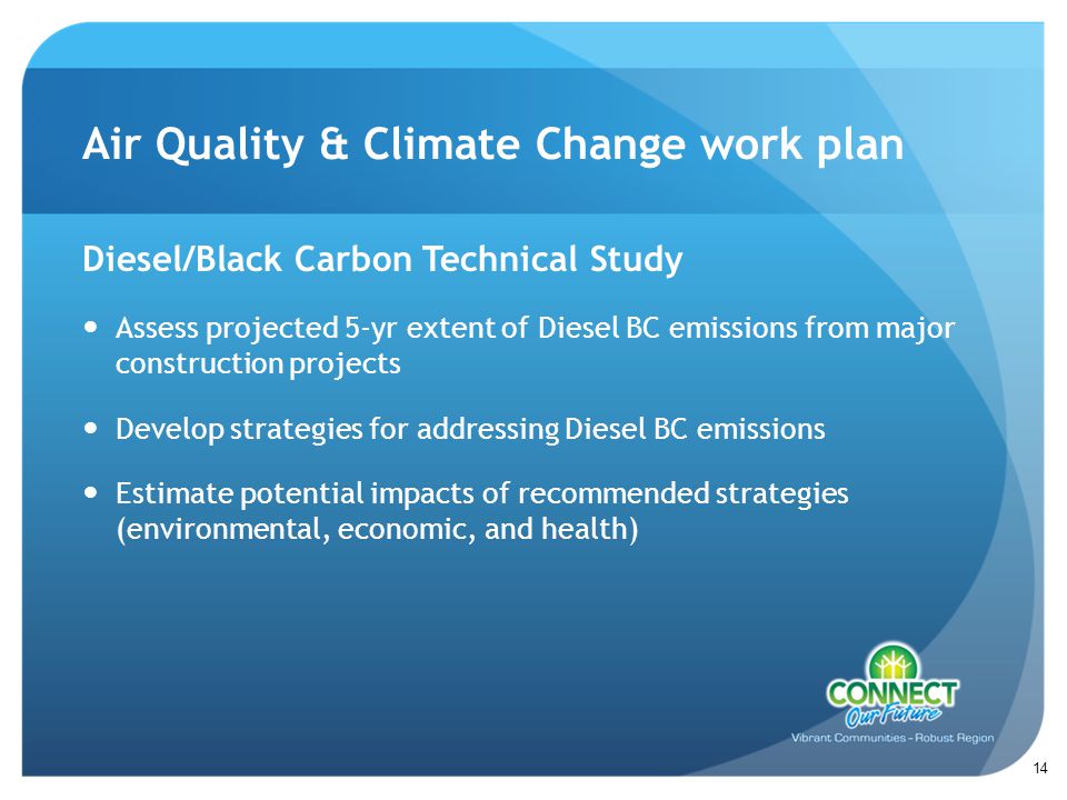 Air Quality & Climate Change work plan Diesel/Black Carbon Technical Study Assess projected 5-yr extent of Diesel BC emissions from major construction projects Develop strategies for addressing Diesel BC emissions Estimate potential impacts of recommended strategies (environmental, economic, and health) 14