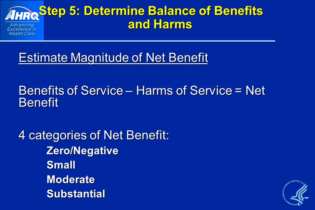 Advancing Excellence in Health Care Step 5: Determine Balance of Benefits and Harms Estimate Magnitude of Net Benefit Benefits of Service – Harms of Service = Net Benefit 4 categories of Net Benefit: Zero/NegativeSmallModerateSubstantial