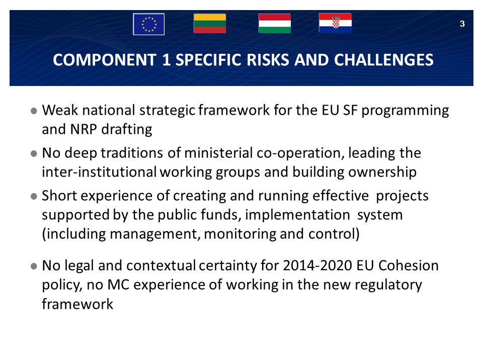 COMPONENT 1 SPECIFIC RISKS AND CHALLENGES Weak national strategic framework for the EU SF programming and NRP drafting No deep traditions of ministerial co-operation, leading the inter-institutional working groups and building ownership Short experience of creating and running effective projects supported by the public funds, implementation system (including management, monitoring and control) No legal and contextual certainty for EU Cohesion policy, no MC experience of working in the new regulatory framework 3