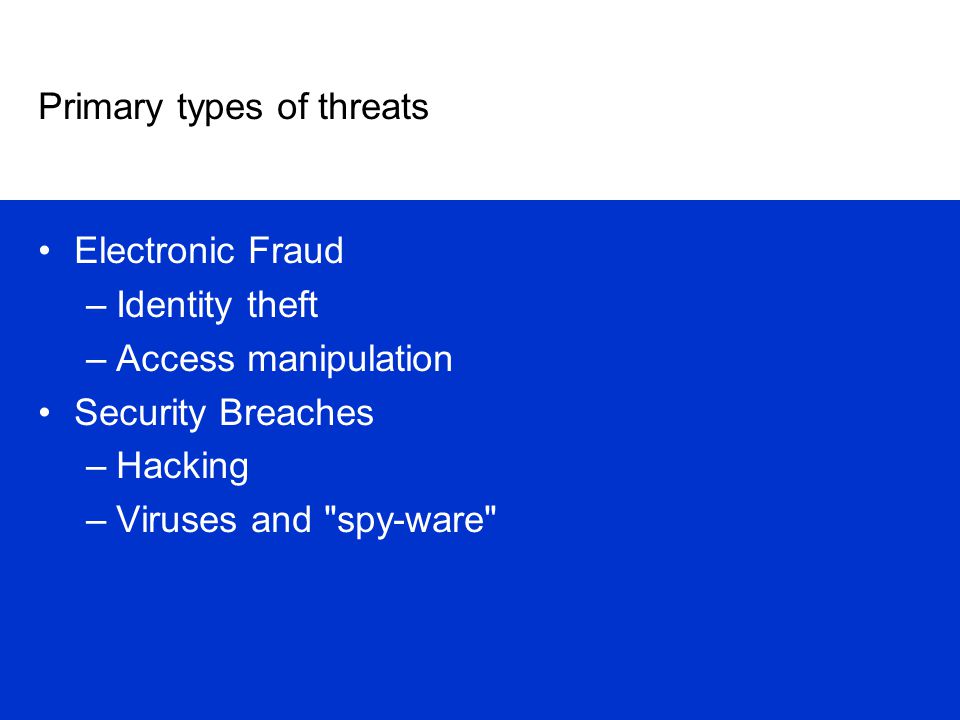 Primary types of threats Electronic Fraud –Identity theft –Access manipulation Security Breaches –Hacking –Viruses and spy-ware