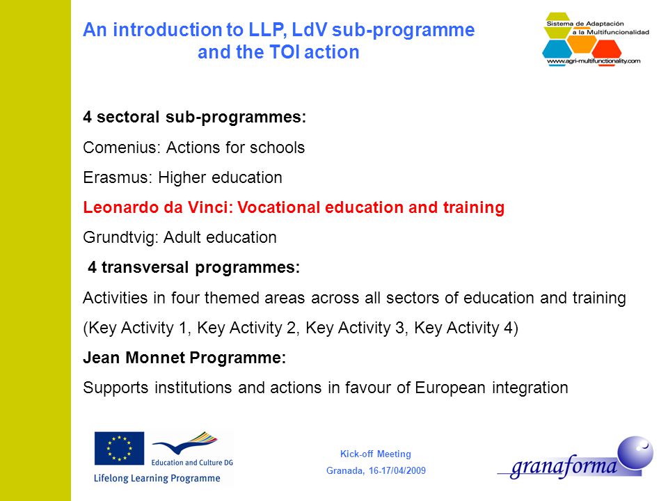 Kick-off Meeting Granada, 16-17/04/2009 An introduction to LLP, LdV sub-programme and the TOI action 4 sectoral sub-programmes: Comenius: Actions for schools Erasmus: Higher education Leonardo da Vinci: Vocational education and training Grundtvig: Adult education 4 transversal programmes: Activities in four themed areas across all sectors of education and training (Key Activity 1, Key Activity 2, Key Activity 3, Key Activity 4) Jean Monnet Programme: Supports institutions and actions in favour of European integration