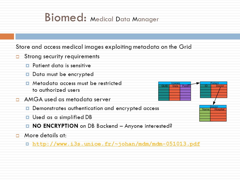 Biomed: Medical Data Manager Store and access medical images exploiting metadata on the Grid  Strong security requirements  Patient data is sensitive  Data must be encrypted  Metadata access must be restricted to authorized users  AMGA used as metadata server  Demonstrates authentication and encrypted access  Used as a simplified DB  NO ENCRYPTION on DB Backend – Anyone interested.