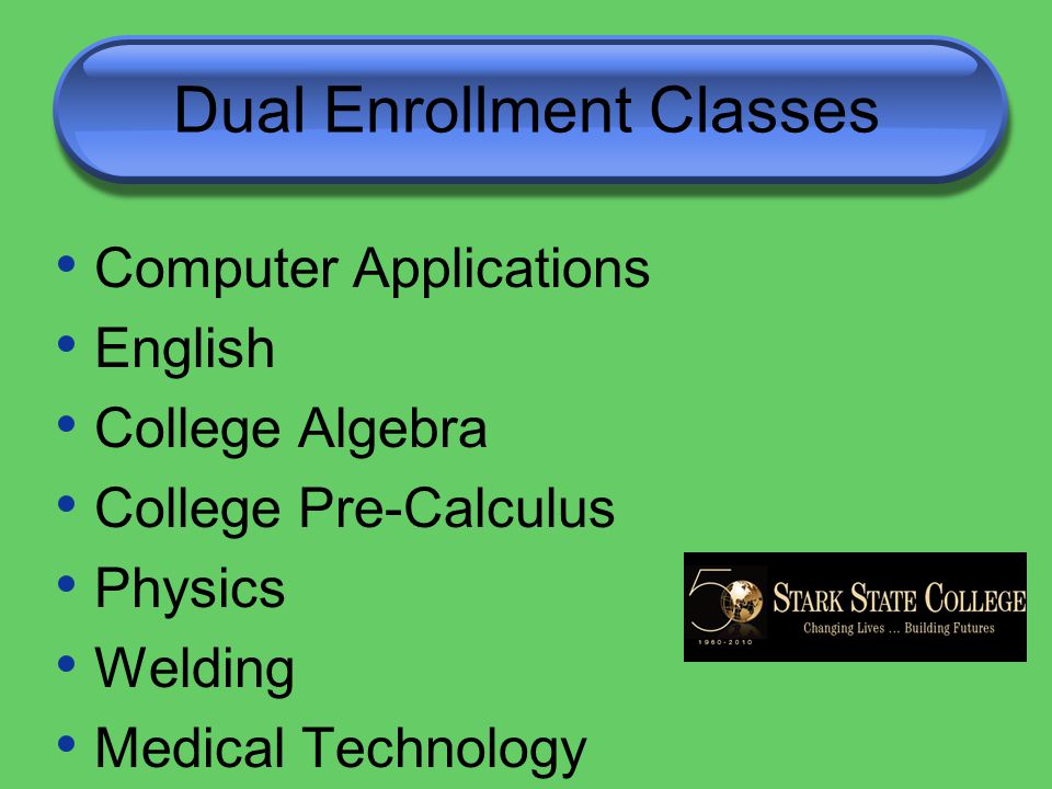 Dual Enrollment Classes Computer Applications English College Algebra College Pre-Calculus Physics Welding Medical Technology