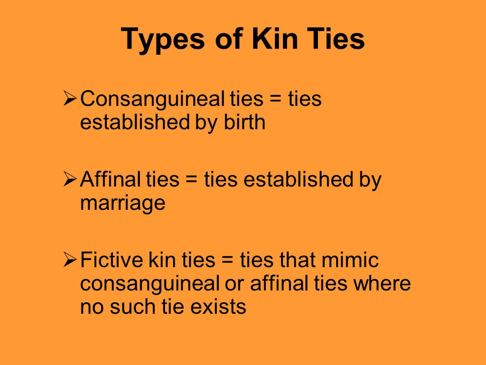 Types of Kin Ties  Consanguineal ties = ties established by birth  Affinal ties = ties established by marriage  Fictive kin ties = ties that mimic consanguineal or affinal ties where no such tie exists