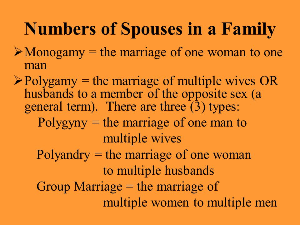 Numbers of Spouses in a Family  Monogamy = the marriage of one woman to one man  Polygamy = the marriage of multiple wives OR husbands to a member of the opposite sex (a general term).