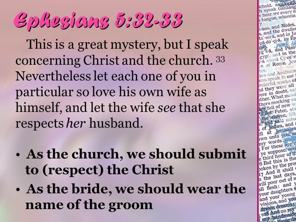 Ephesians 5:32-33 This is a great mystery, but I speak concerning Christ and the church.