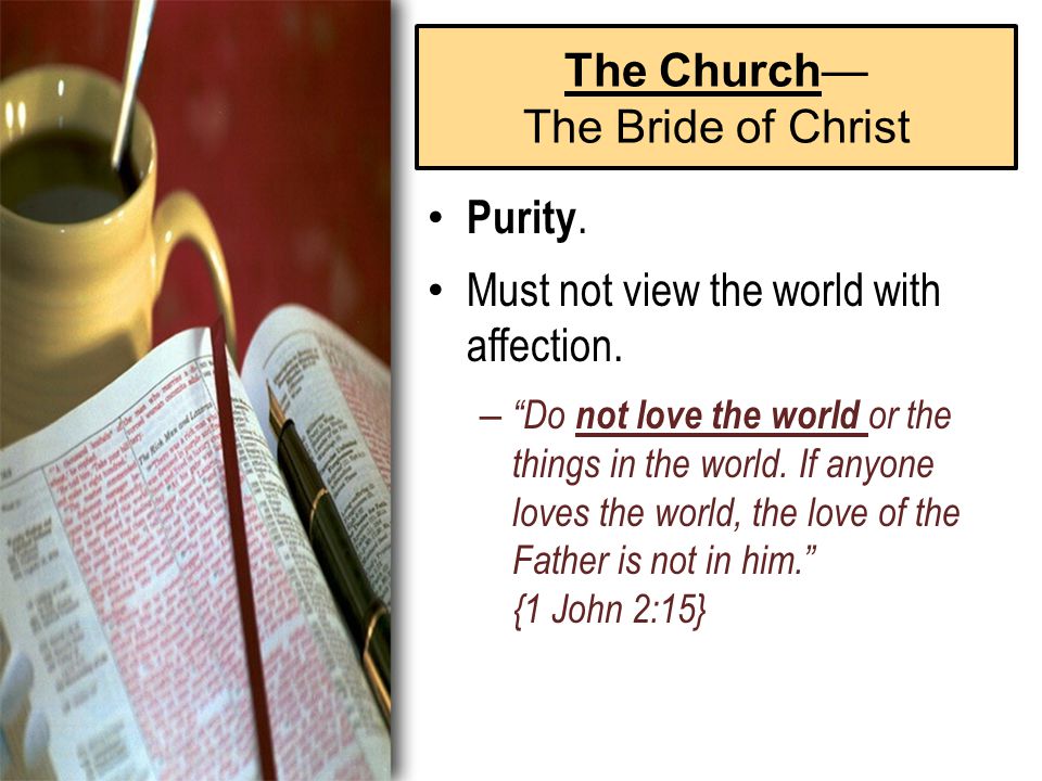 The Church— The Bride of Christ Purity. Must not view the world with affection.