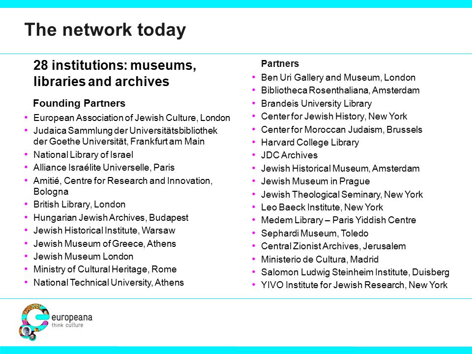 The network today 28 institutions: museums, libraries and archives Founding Partners European Association of Jewish Culture, London Judaica Sammlung der Universitätsbibliothek der Goethe Universität, Frankfurt am Main National Library of Israel Alliance Israélite Universelle, Paris Amitié, Centre for Research and Innovation, Bologna British Library, London Hungarian Jewish Archives, Budapest Jewish Historical Institute, Warsaw Jewish Museum of Greece, Athens Jewish Museum London Ministry of Cultural Heritage, Rome National Technical University, Athens Partners Ben Uri Gallery and Museum, London Bibliotheca Rosenthaliana, Amsterdam Brandeis University Library Center for Jewish History, New York Center for Moroccan Judaism, Brussels Harvard College Library JDC Archives Jewish Historical Museum, Amsterdam Jewish Museum in Prague Jewish Theological Seminary, New York Leo Baeck Institute, New York Medem Library – Paris Yiddish Centre Sephardi Museum, Toledo Central Zionist Archives, Jerusalem Ministerio de Cultura, Madrid Salomon Ludwig Steinheim Institute, Duisberg YIVO Institute for Jewish Research, New York x