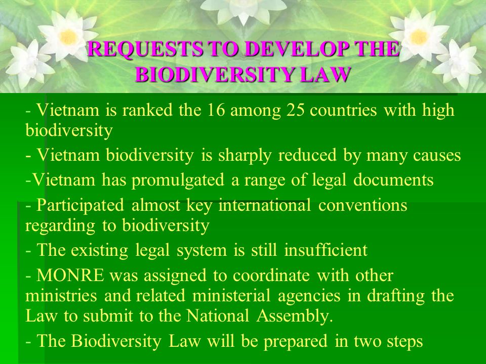 - - Vietnam is ranked the 16 among 25 countries with high biodiversity - Vietnam biodiversity is sharply reduced by many causes - -Vietnam has promulgated a range of legal documents - - Participated almost key international conventions regarding to biodiversity - - The existing legal system is still insufficient - - MONRE was assigned to coordinate with other ministries and related ministerial agencies in drafting the Law to submit to the National Assembly.