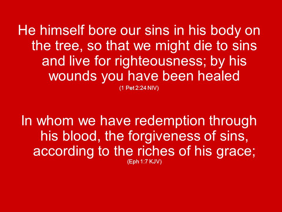 He himself bore our sins in his body on the tree, so that we might die to sins and live for righteousness; by his wounds you have been healed (1 Pet 2:24 NIV) In whom we have redemption through his blood, the forgiveness of sins, according to the riches of his grace; (Eph 1:7 KJV)