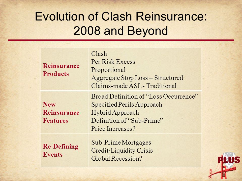 Evolution of Clash Reinsurance: 2008 and Beyond Reinsurance Products Clash Per Risk Excess Proportional Aggregate Stop Loss – Structured Claims-made ASL - Traditional New Reinsurance Features Broad Definition of Loss Occurrence Specified Perils Approach Hybrid Approach Definition of Sub-Prime Price Increases.
