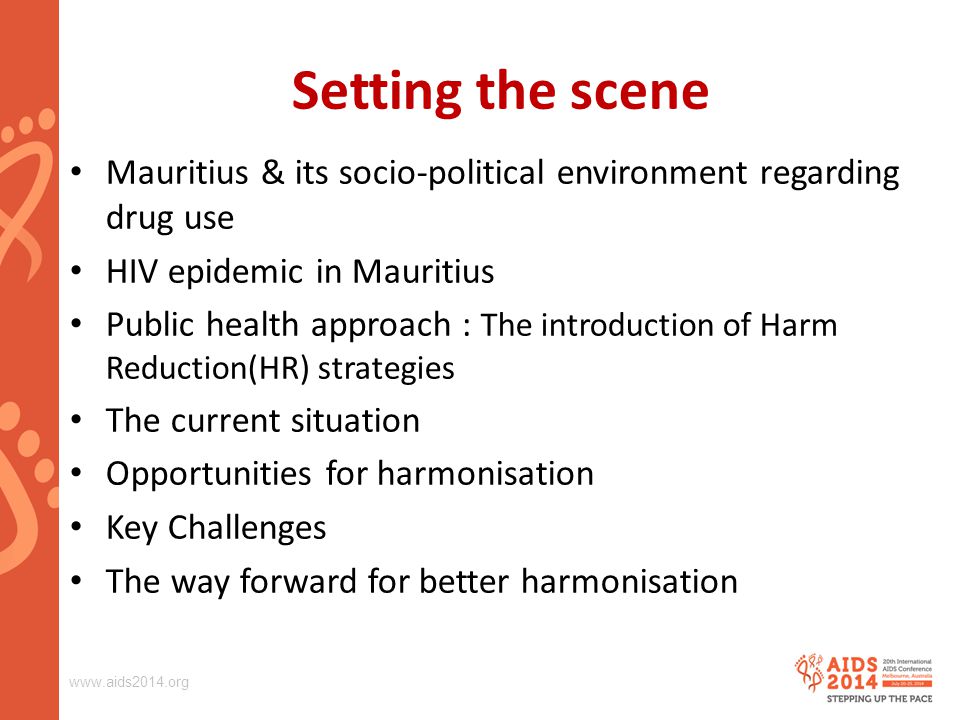 Setting the scene Mauritius & its socio-political environment regarding drug use HIV epidemic in Mauritius Public health approach : The introduction of Harm Reduction(HR) strategies The current situation Opportunities for harmonisation Key Challenges The way forward for better harmonisation