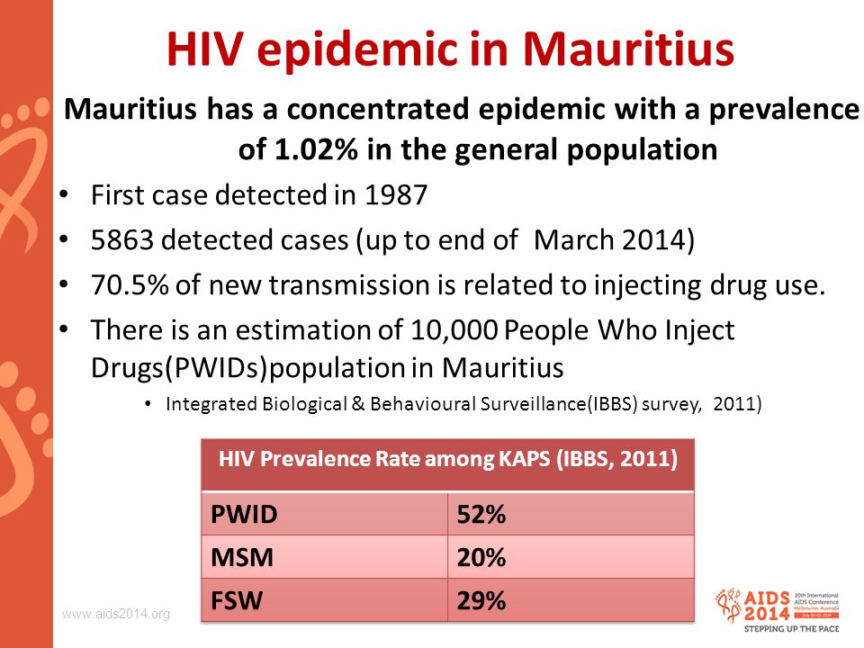 HIV epidemic in Mauritius Mauritius has a concentrated epidemic with a prevalence of 1.02% in the general population First case detected in detected cases (up to end of March 2014) 70.5% of new transmission is related to injecting drug use.