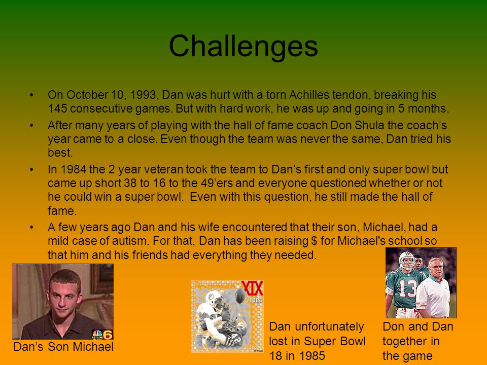 Accomplishments Dan made it to 9 pro bowls out of 13 seasons.