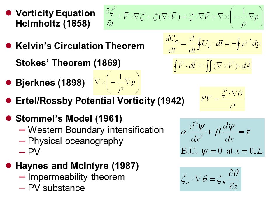 Vorticity Equation Helmholtz (1858) Kelvin’s Circulation Theorem Stokes’ Theorem (1869) Bjerknes (1898) Ertel/Rossby Potential Vorticity (1942) Stommel’s Model (1961) – Western Boundary intensification – Physical oceanography – PV Haynes and McIntyre (1987) – Impermeability theorem – PV substance