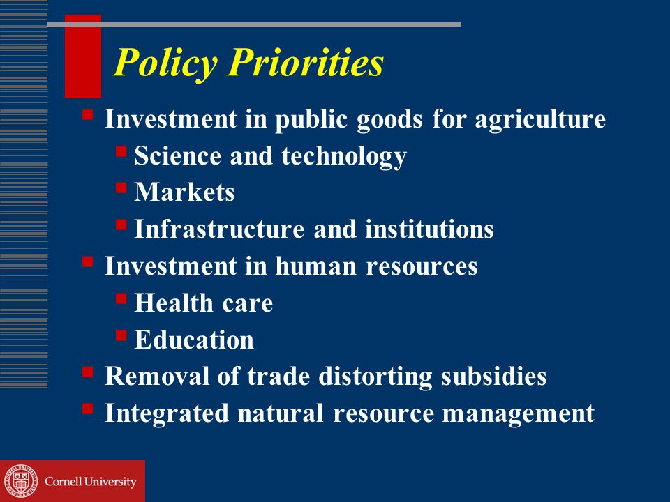 Policy Priorities  Investment in public goods for agriculture  Science and technology  Markets  Infrastructure and institutions  Investment in human resources  Health care  Education  Removal of trade distorting subsidies  Integrated natural resource management