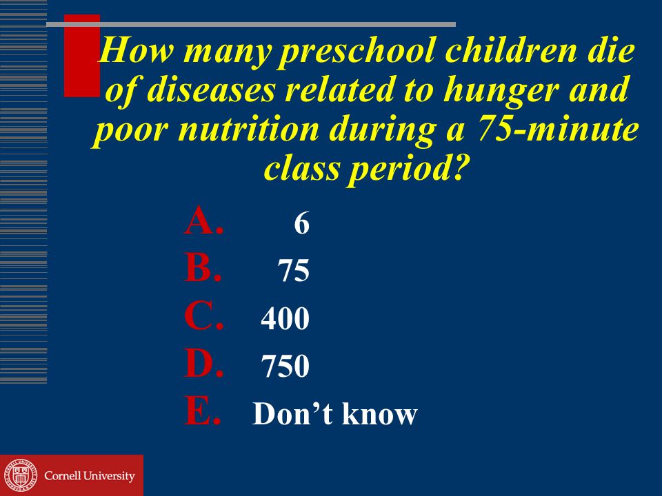 How many preschool children die of diseases related to hunger and poor nutrition during a 75-minute class period.