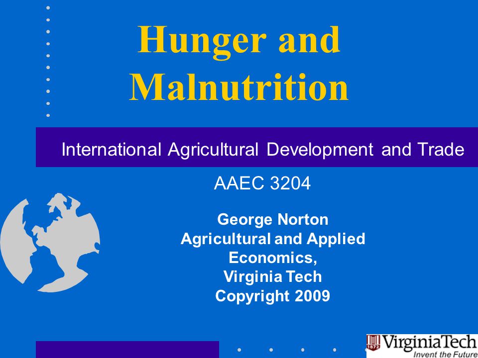 Hunger and Malnutrition George Norton Agricultural and Applied Economics, Virginia Tech Copyright 2009 International Agricultural Development and Trade AAEC 3204