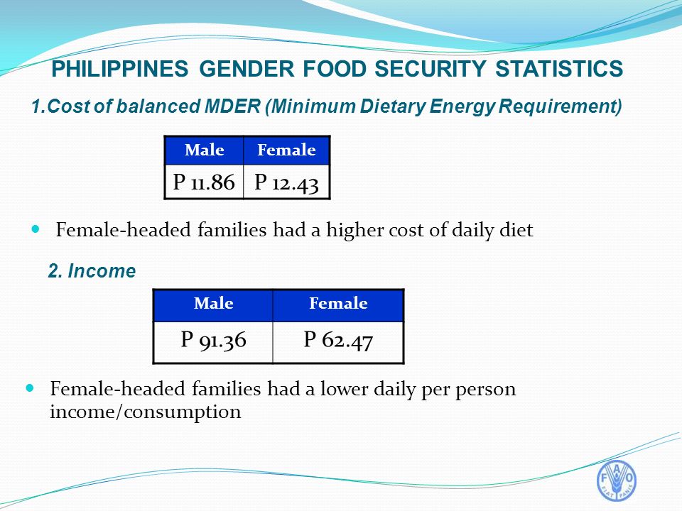 1.Cost of balanced MDER (Minimum Dietary Energy Requirement) MaleFemale P 11.86P Female-headed families had a higher cost of daily diet PHILIPPINES GENDER FOOD SECURITY STATISTICS MaleFemale P 91.36P Female-headed families had a lower daily per person income/consumption 2.