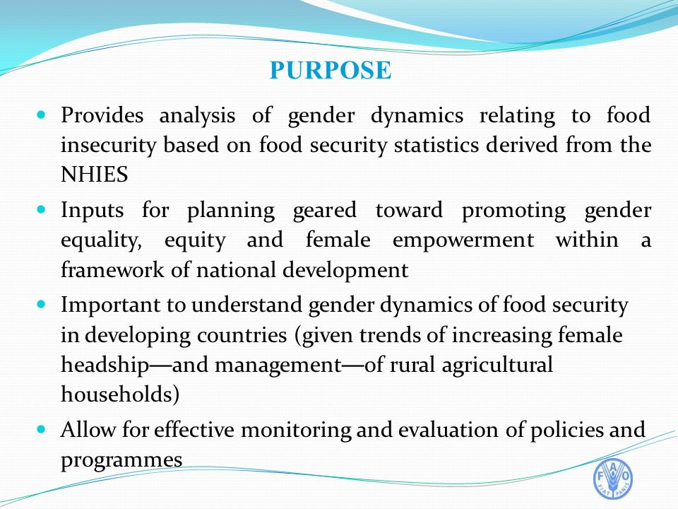 PURPOSE Provides analysis of gender dynamics relating to food insecurity based on food security statistics derived from the NHIES Inputs for planning geared toward promoting gender equality, equity and female empowerment within a framework of national development Important to understand gender dynamics of food security in developing countries (given trends of increasing female headship — and management — of rural agricultural households) Allow for effective monitoring and evaluation of policies and programmes