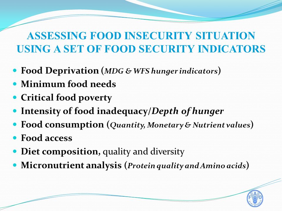 Food Deprivation ( MDG & WFS hunger indicators ) Minimum food needs Critical food poverty Intensity of food inadequacy/Depth of hunger Food consumption ( Quantity, Monetary & Nutrient values ) Food access Diet composition, quality and diversity Micronutrient analysis ( Protein quality and Amino acids ) ASSESSING FOOD INSECURITY SITUATION USING A SET OF FOOD SECURITY INDICATORS