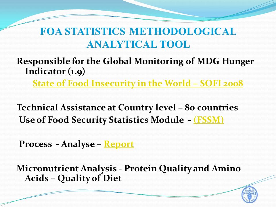 Responsible for the Global Monitoring of MDG Hunger Indicator (1.9) State of Food Insecurity in the World – SOFI 2008 Technical Assistance at Country level – 80 countries Use of Food Security Statistics Module - (FSSM)(FSSM) Process - Analyse – ReportReport Micronutrient Analysis - Protein Quality and Amino Acids – Quality of Diet FOA STATISTICS METHODOLOGICAL ANALYTICAL TOOL