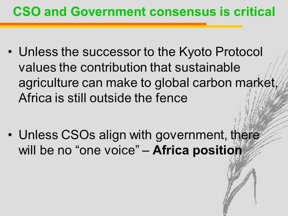CSO and Government consensus is critical Unless the successor to the Kyoto Protocol values the contribution that sustainable agriculture can make to global carbon market, Africa is still outside the fence Unless CSOs align with government, there will be no one voice – Africa position