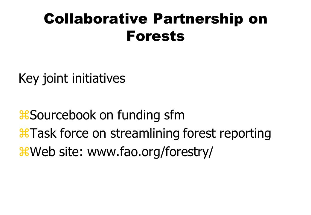Collaborative Partnership on Forests Key joint initiatives zSourcebook on funding sfm zTask force on streamlining forest reporting zWeb site: