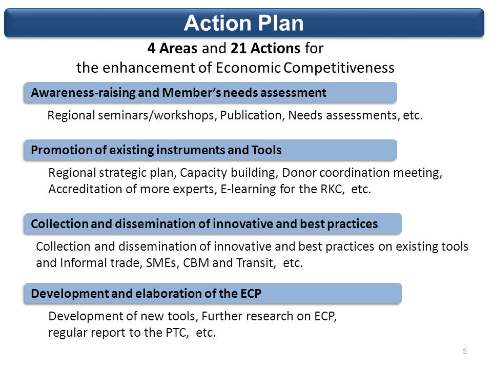 Action Plan Awareness-raising and Member’s needs assessment 4 Areas and 21 Actions for the enhancement of Economic Competitiveness Promotion of existing instruments and Tools Regional seminars/workshops, Publication, Needs assessments, etc.