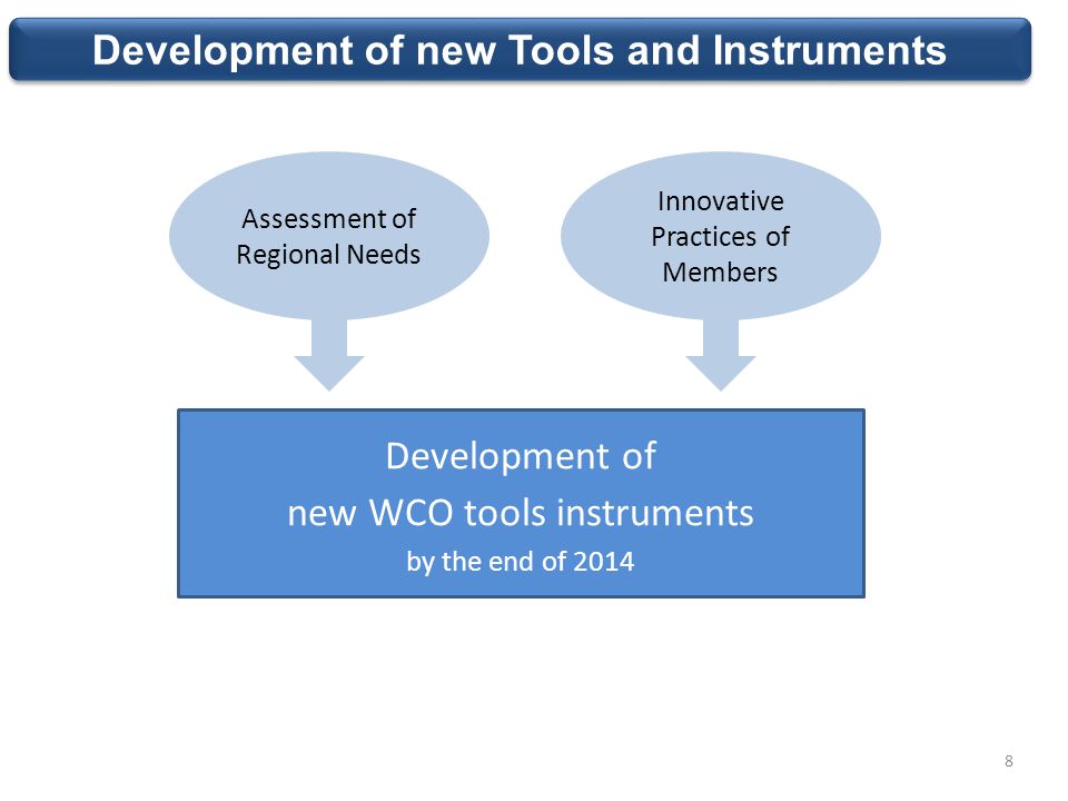 Development of new Tools and Instruments 8 Assessment of Regional Needs Innovative Practices of Members Development of new WCO tools instruments by the end of 2014