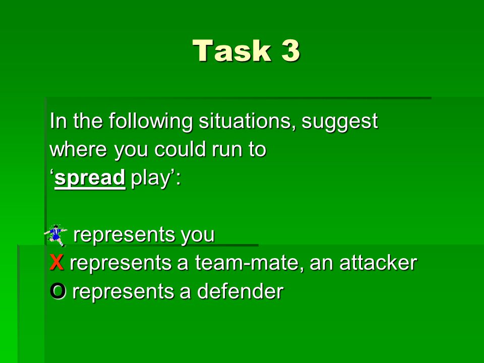 Task 3 In the following situations, suggest where you could run to ‘spread play’: represents you represents you X represents a team-mate, an attacker O represents a defender