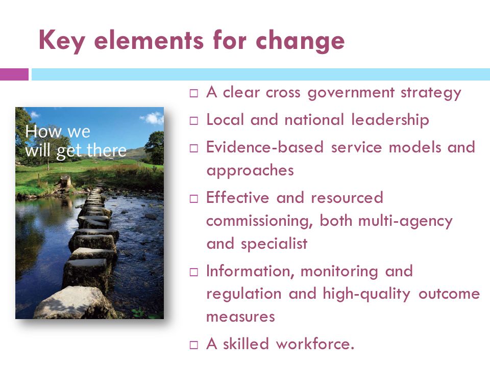 Key elements for change  A clear cross government strategy  Local and national leadership  Evidence-based service models and approaches  Effective and resourced commissioning, both multi-agency and specialist  Information, monitoring and regulation and high-quality outcome measures  A skilled workforce.