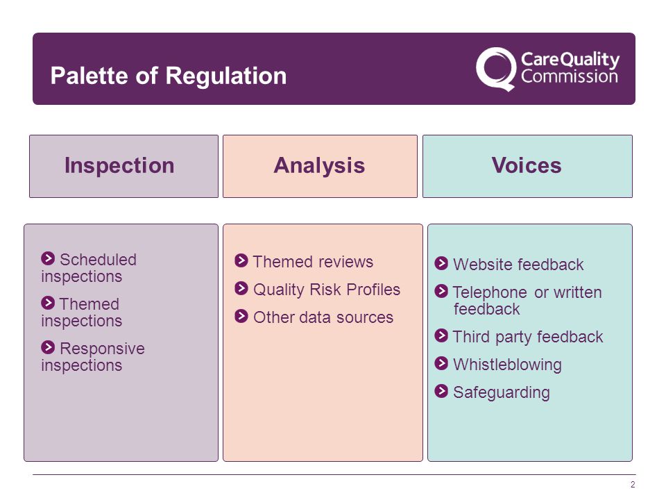 2 InspectionAnalysisVoices Palette of Regulation Scheduled inspections Themed inspections Responsive inspections Themed reviews Quality Risk Profiles Other data sources Website feedback Telephone or written feedback Third party feedback Whistleblowing Safeguarding