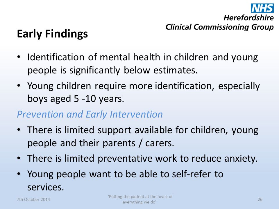 Early Findings Identification of mental health in children and young people is significantly below estimates.
