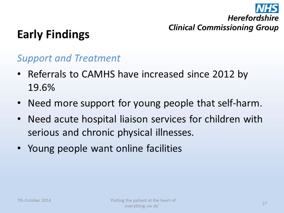 Early Findings Support and Treatment Referrals to CAMHS have increased since 2012 by 19.6% Need more support for young people that self-harm.