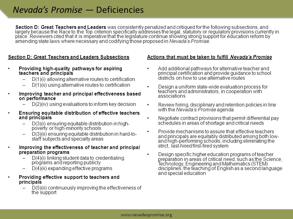 Nevada’s Promise — Deficiencies Section D: Great Teachers and Leaders Subsections Providing high-quality pathways for aspiring teachers and principals –D(1)(i) allowing alternative routes to certification –D(1)(ii) using alternative routes to certification Improving teacher and principal effectiveness based on performance –D(2)(iv) using evaluations to inform key decision Ensuring equitable distribution of effective teachers and principals –D(3)(i) ensuring equitable distribution in high- poverty or high-minority schools –D(3)(ii) ensuring equitable distribution in hard-to- staff subjects and specialty areas Improving the effectiveness of teacher and principal preparation programs –D(4)(i) linking student data to credentialing programs and reporting publicly –D(4)(ii) expanding effective programs Providing effective support to teachers and principals –D(5)(ii) continuously improving the effectiveness of the support Actions that must be taken to fulfill Nevada’s Promise Add additional pathways for alternative teacher and principal certification and provide guidance to school districts on how to use alternative routes Design a uniform state-wide evaluation process for teachers and administrators, in cooperation with associations Review hiring, disciplinary and retention policies in line with the Nevada’s Promise agenda Negotiate contract provisions that permit differential pay schedules in areas of shortage and critical needs Provide mechanisms to assure that effective teachers and principals are equitably distributed among both low- and high-performing schools, including eliminating the strict, last-hired/first-fired system Design specific higher education programs of teacher preparation in areas of critical need, such as the Science, Technology, Engineering and Mathematics (STEM) disciplines, the teaching of English as a second language and special education Section D: Great Teachers and Leaders was consistently penalized and critiqued for the following subsections, and largely because the Race to the Top criterion specifically addresses the legal, statutory or regulatory provisions currently in place.