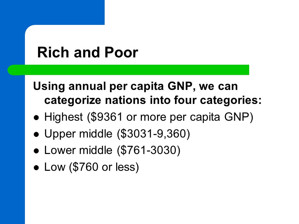 Rich and Poor Using annual per capita GNP, we can categorize nations into four categories: Highest ($9361 or more per capita GNP) Upper middle ($3031-9,360) Lower middle ($ ) Low ($760 or less)