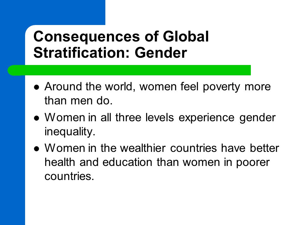 Consequences of Global Stratification: Gender Around the world, women feel poverty more than men do.