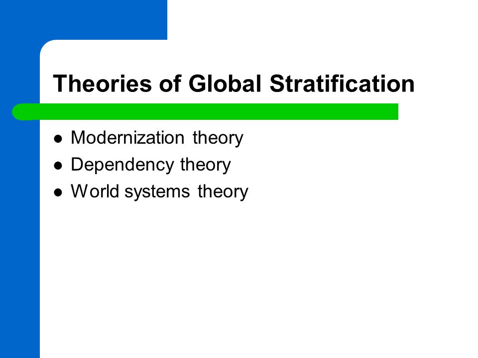 Theories of Global Stratification Modernization theory Dependency theory World systems theory