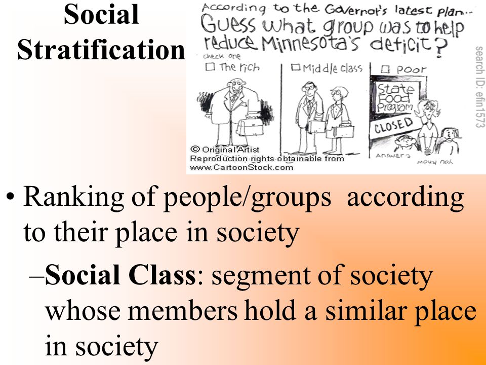 Social Stratification Ranking of people/groups according to their place in society –Social Class: segment of society whose members hold a similar place in society