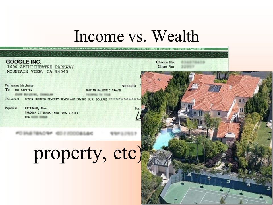 Income vs. Wealth Income: your paycheck Wealth: what you own (businesses, homes, property, etc)