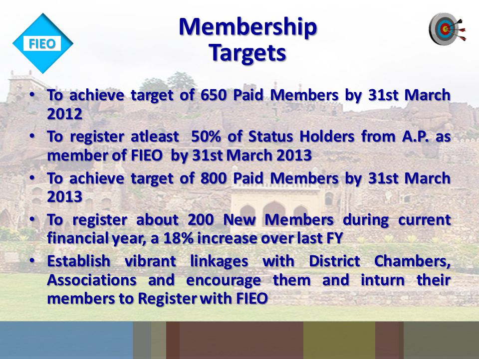 FIEO MembershipTargets To achieve target of 650 Paid Members by 31st March 2012 To achieve target of 650 Paid Members by 31st March 2012 To register atleast 50% of Status Holders from A.P.