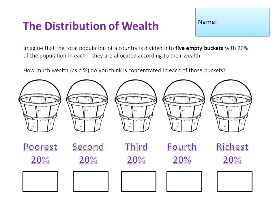 The Distribution of Wealth Imagine that the total population of a country is divided into five empty buckets with 20% of the population in each – they are allocated according to their wealth How much wealth (as a %) do you think is concentrated in each of those buckets.