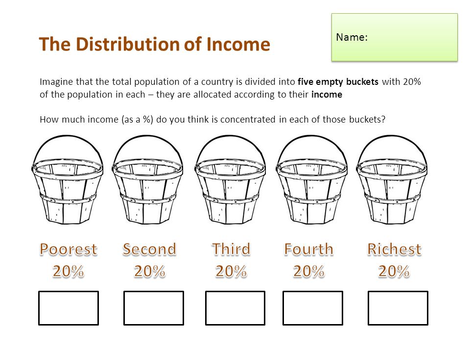 The Distribution of Income Imagine that the total population of a country is divided into five empty buckets with 20% of the population in each – they are allocated according to their income How much income (as a %) do you think is concentrated in each of those buckets.