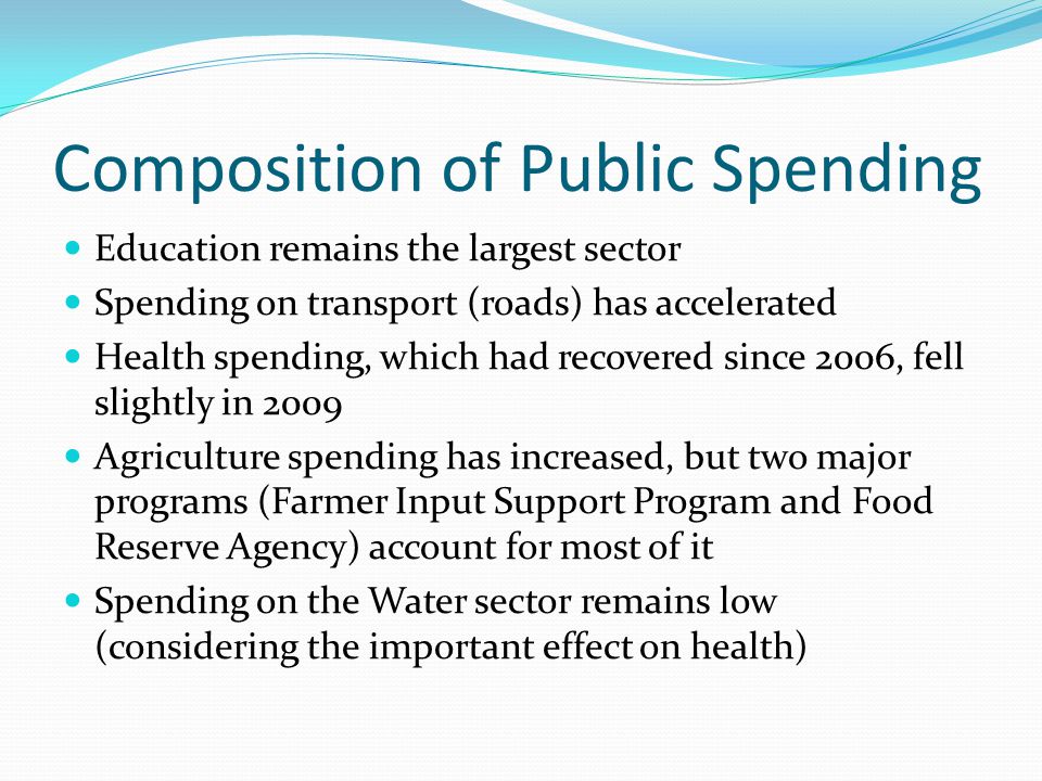 Composition of Public Spending Education remains the largest sector Spending on transport (roads) has accelerated Health spending, which had recovered since 2006, fell slightly in 2009 Agriculture spending has increased, but two major programs (Farmer Input Support Program and Food Reserve Agency) account for most of it Spending on the Water sector remains low (considering the important effect on health)